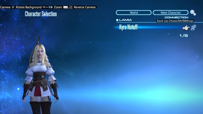 A screenshot of the character select screen in FF14 showing the option to back up character settings.